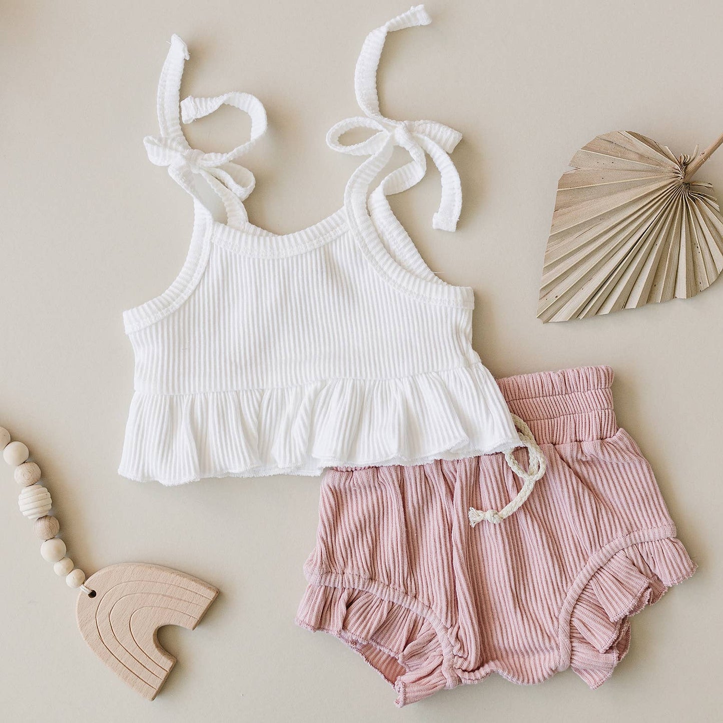 Pink Crop Top Ribbed Shorts Set