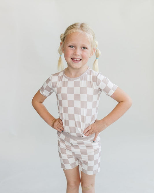 Bamboo Two Piece Shorts Set | Latte Checkered