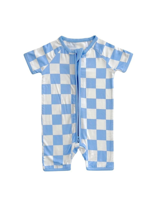 Bamboo Shorty Romper | Blue Checkered