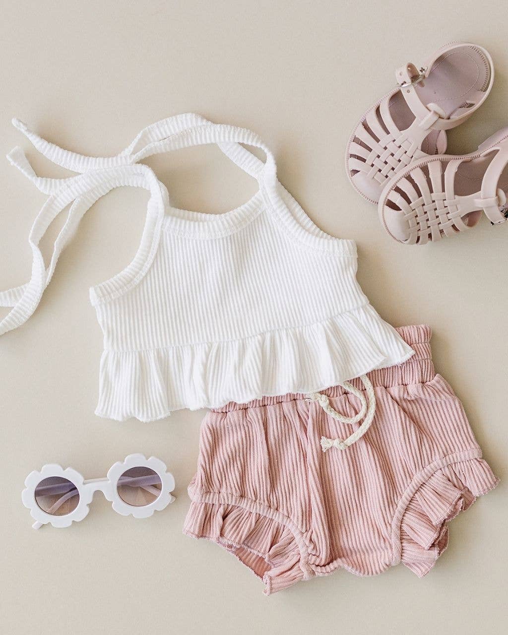 Pink Crop Top Ribbed Shorts Set