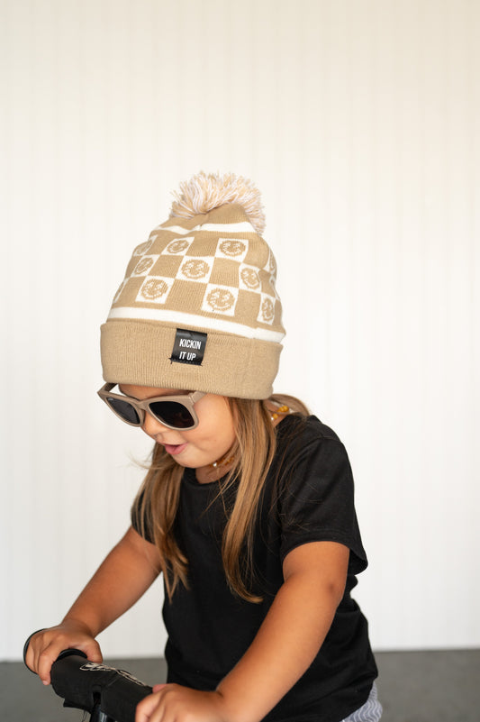 Tan Smiley Check Beanie