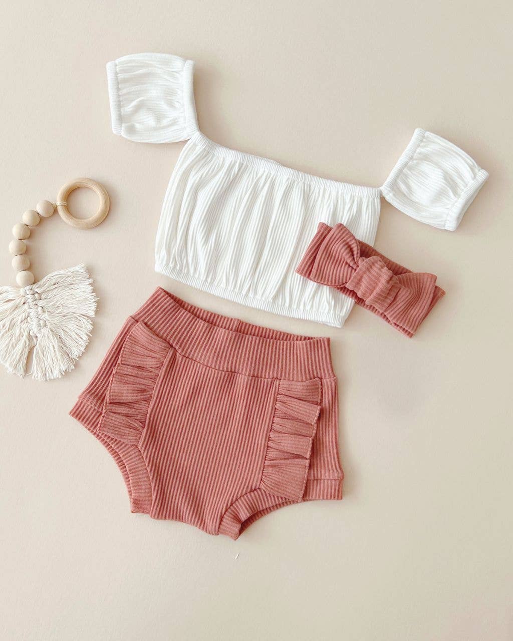 Dusty Rose Crop Top Ribbed Shorts Set