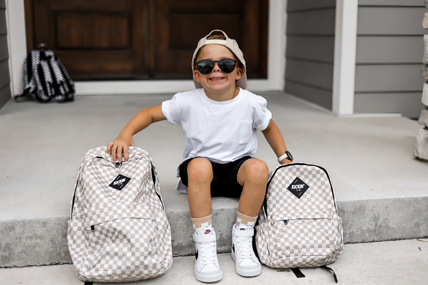 Full Size Tan Checkered Backpack