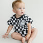 Short Sleeve Bubble Romper | Checkered Smiley Black