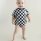 Short Sleeve Bubble Romper | Checkered Smiley Black