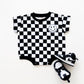 Short Sleeve Bubble Romper | Checkered Smiley Black