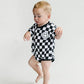 Short Sleeve Bubble Romper | Checkered Smiley Black