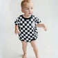 Short Sleeve Bubble Romper | Checkered Smiley Black