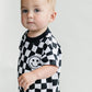 Short Sleeve Bubble Romper | Checkered Smiley Black