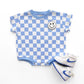 Short Sleeve Bubble Romper | Checkered Smiley Blue