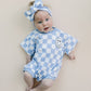 Short Sleeve Bubble Romper | Checkered Smiley Blue