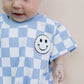 Short Sleeve Bubble Romper | Checkered Smiley Blue