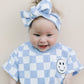 Short Sleeve Bubble Romper | Checkered Smiley Blue