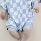 Short Sleeve Bubble Romper | Checkered Smiley Blue