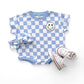 Short Sleeve Bubble Romper | Checkered Smiley Blue