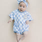 Short Sleeve Bubble Romper | Checkered Smiley Blue