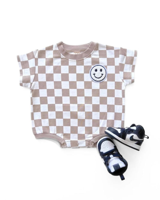 Short Sleeve Bubble Romper | Checkered Smiley Latte