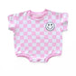 Short Sleeve Bubble Romper | Checkered Smiley Pink