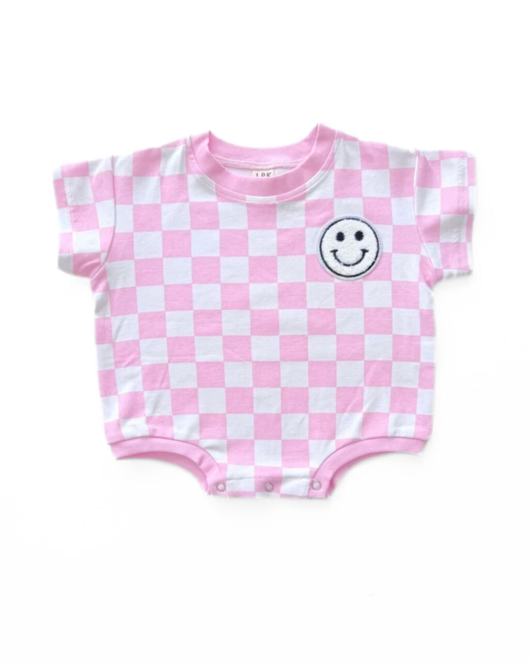 Short Sleeve Bubble Romper | Checkered Smiley Pink