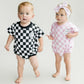 Short Sleeve Bubble Romper | Checkered Smiley Pink