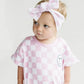 Short Sleeve Bubble Romper | Checkered Smiley Pink