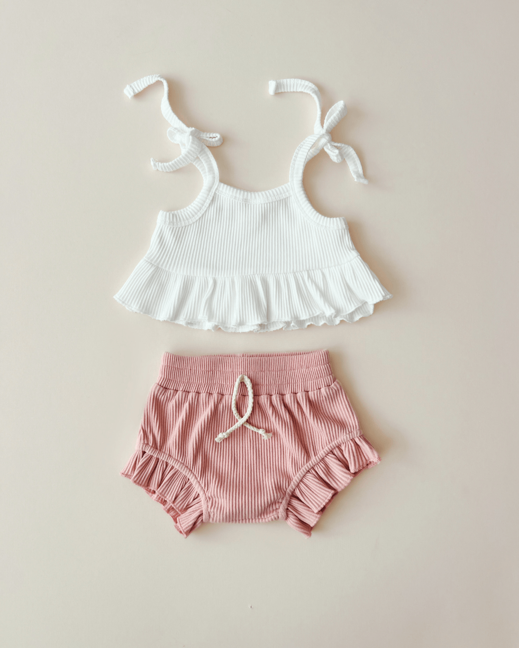 Pink Crop Top Ribbed Shorts Set